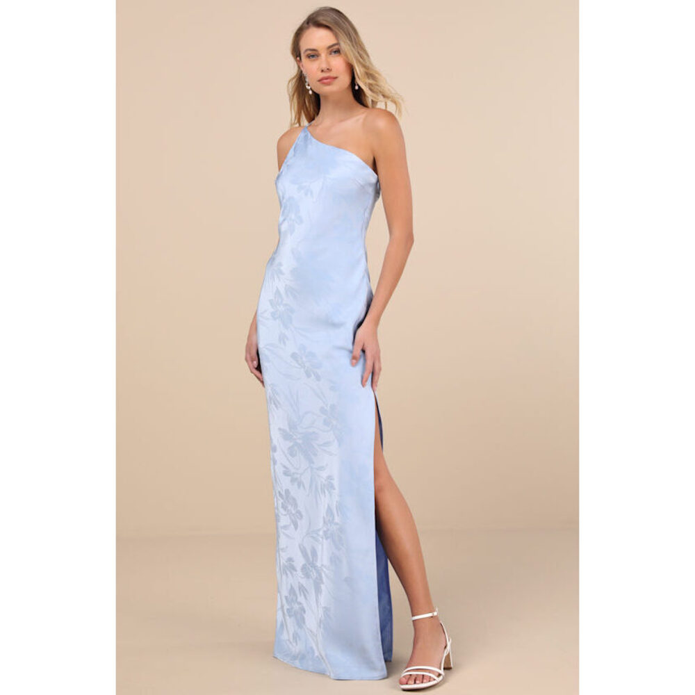 Lulus Nadra Light Blue Satin Jacquard One-shoulder Maxi Dress - Size L